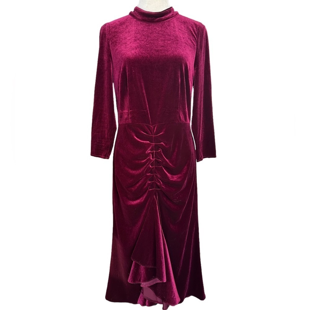 Eliza J midi ruched high collar open back burgundy velvet party dress